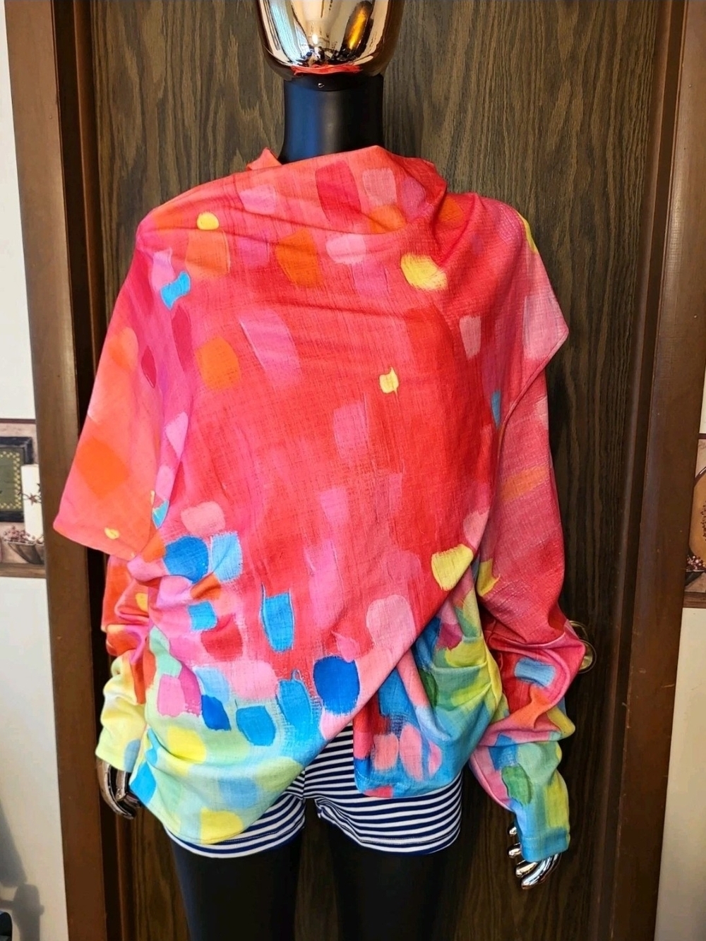 Exclusive Women's Multicolor Abstract Brushstroke Boho Scarf Top Long Sleeve| XL